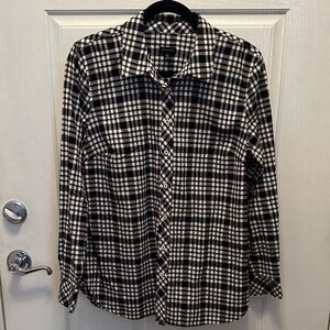 Talbots Black & White Plaid Shirt with very faint metallic silver threads Size M